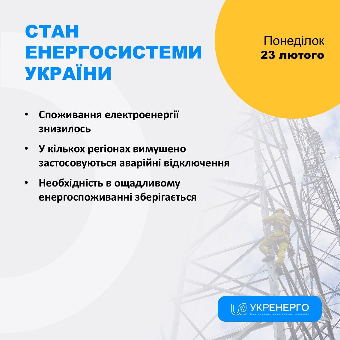 Стан енергосистеми та відключення електроенергії