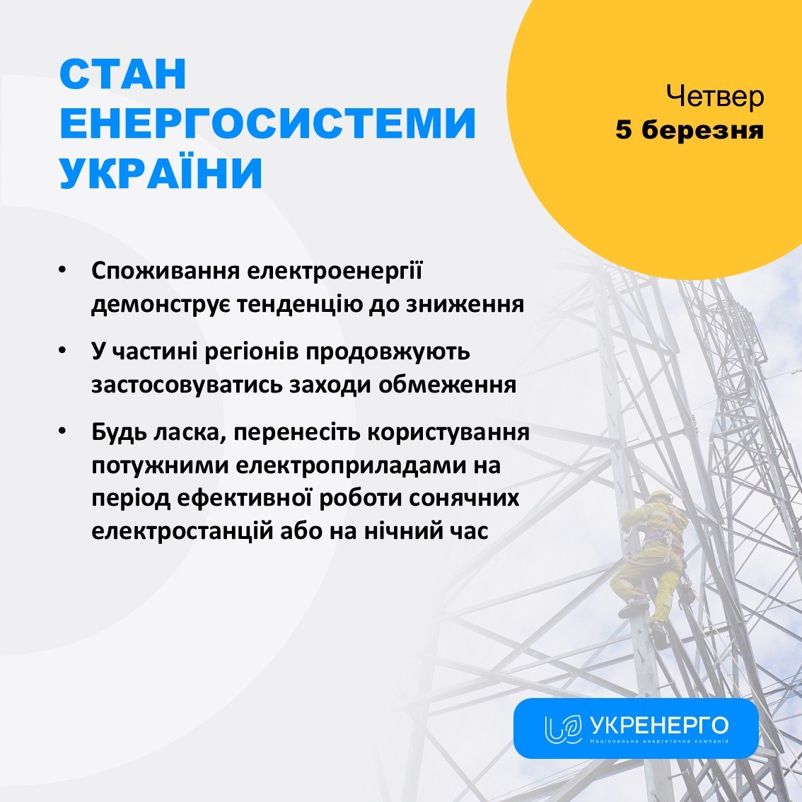 Стан енергосистеми та рекомендації зі споживання електроенергії