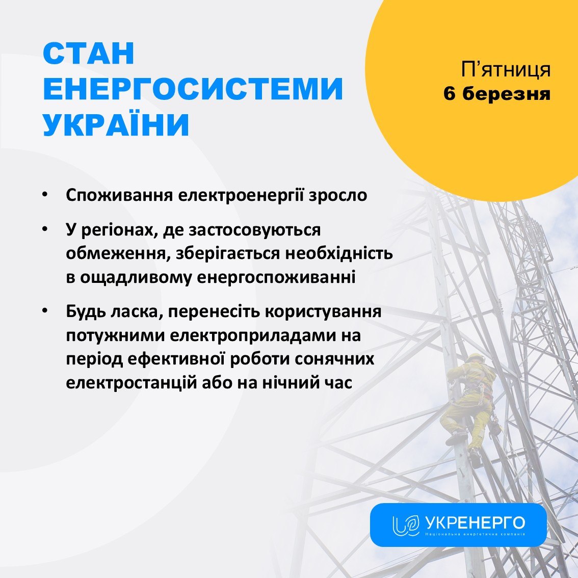 Стан енергосистеми та споживання електроенергії