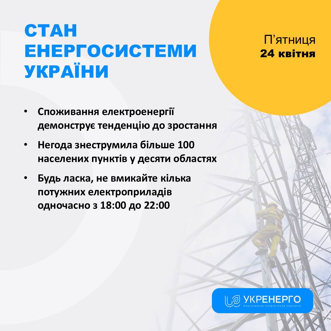 Стан енергосистеми: зростання споживання та відключення