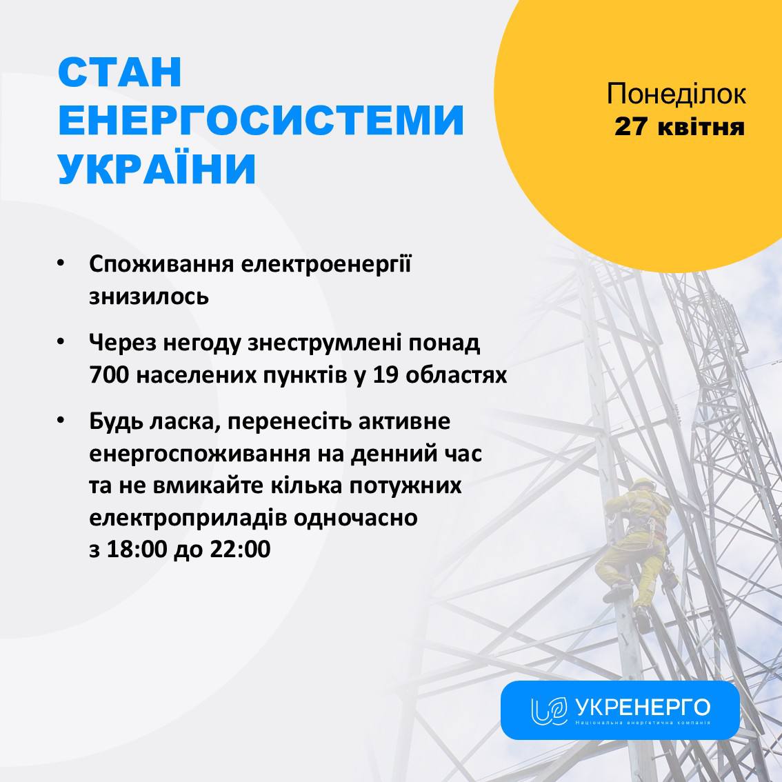 Стан енергосистеми: зниження споживання та наслідки негоди