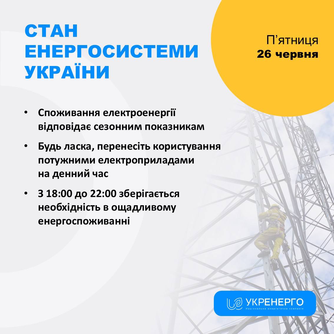 Стан енергосистеми: ощадливе споживання 18:00–22:00