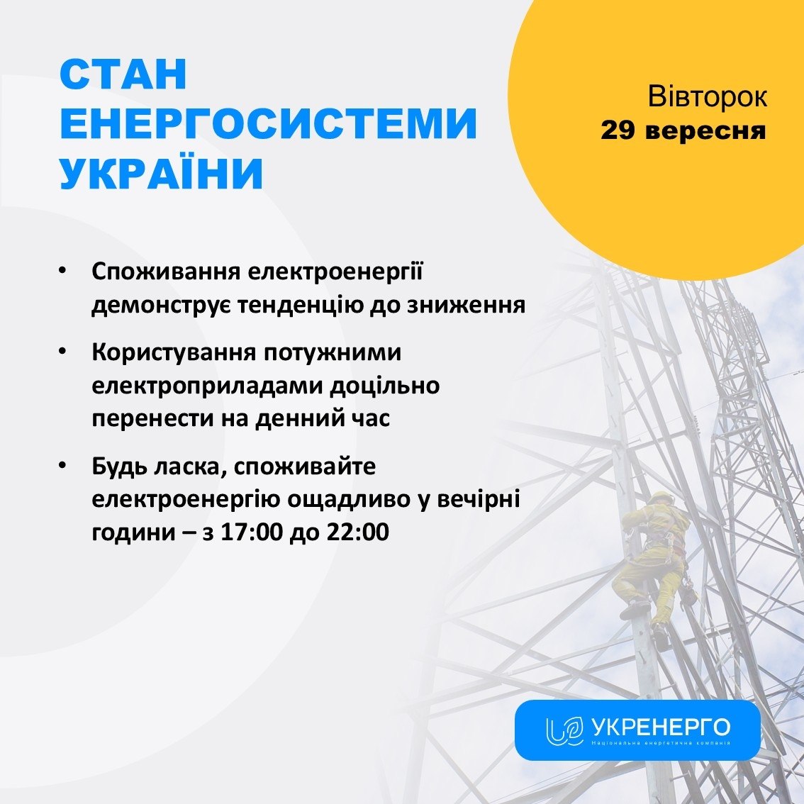 Споживання електроенергії знижується, вечір 17:00–22:00