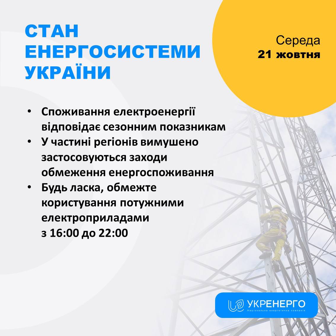 Стан енергосистеми: обмеження з 16:00 до 22:00